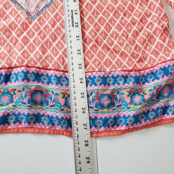 Tolani Shirt Womens Large Orange Multicolor Silk Boho Tunic Ikat Top Blouse - Picture 4 of 8